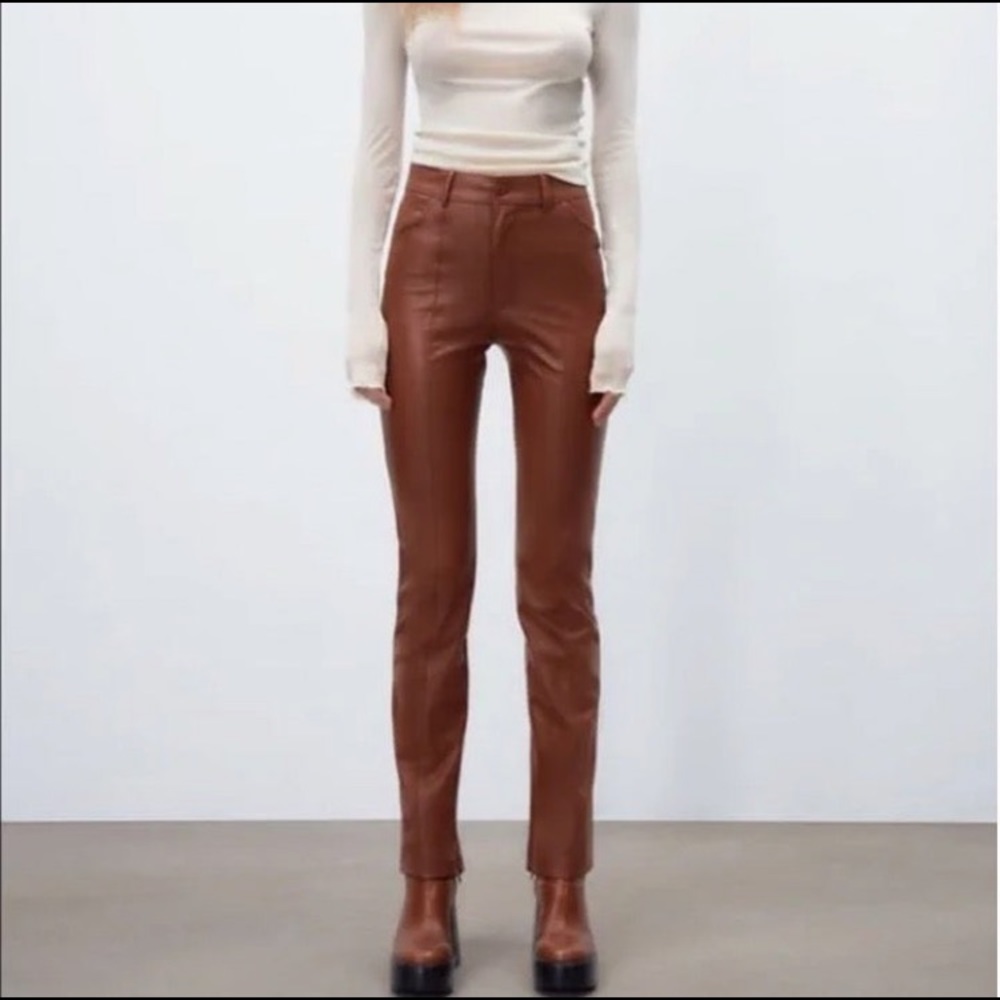 ZARA FAUX LEATHER PANTS WITH SLIT IN CHOCOLATE Size Small NWT